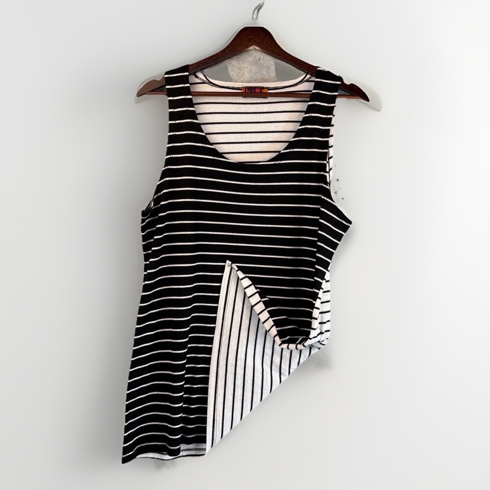 Vintage Tank Top XL Black White Stripe Long Scoop Neck Classic Timeless Capsule